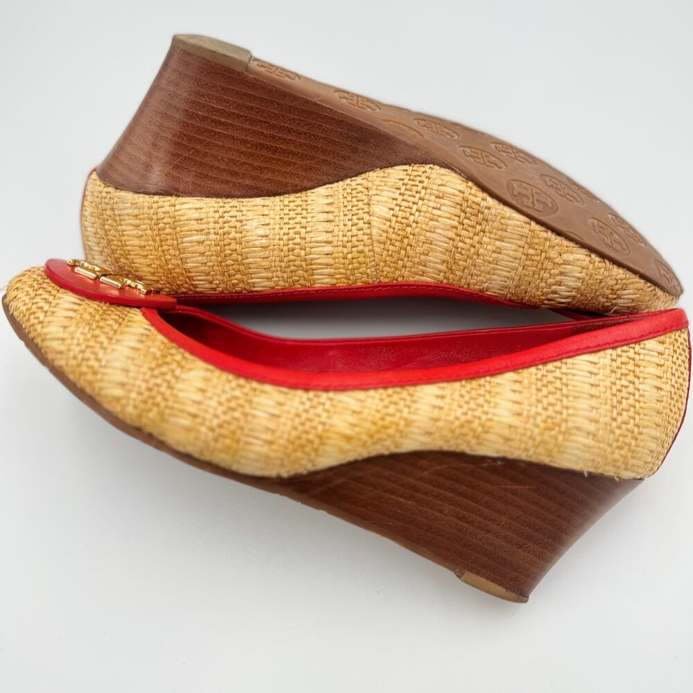 Tory Burch Reva Raffia Wedge Pumps 8M Straw Woven Red Logo Coastal Resort Shoes - Picture 8 of 16